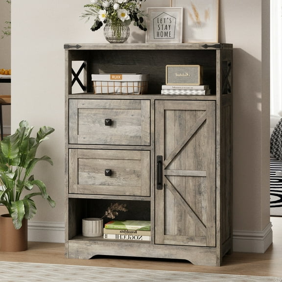 Vabches Storage Cabinet with 2 Drawers, Farmhouse Sideboard Cabinet with Open Shelves for Living Room, Grey