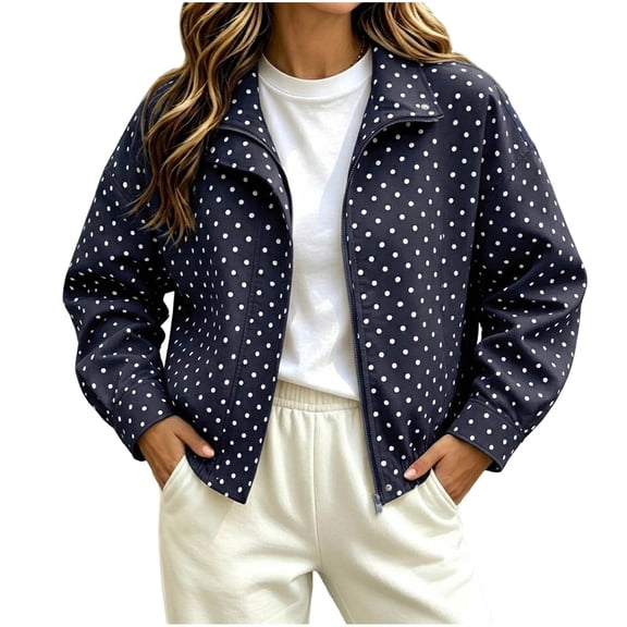 cocolona Womens Trendy Jacket Long Sleeve Zipper Polka Dot Printed Cropped Coat Loose Casual Cute Fall Outerwear with Pocket