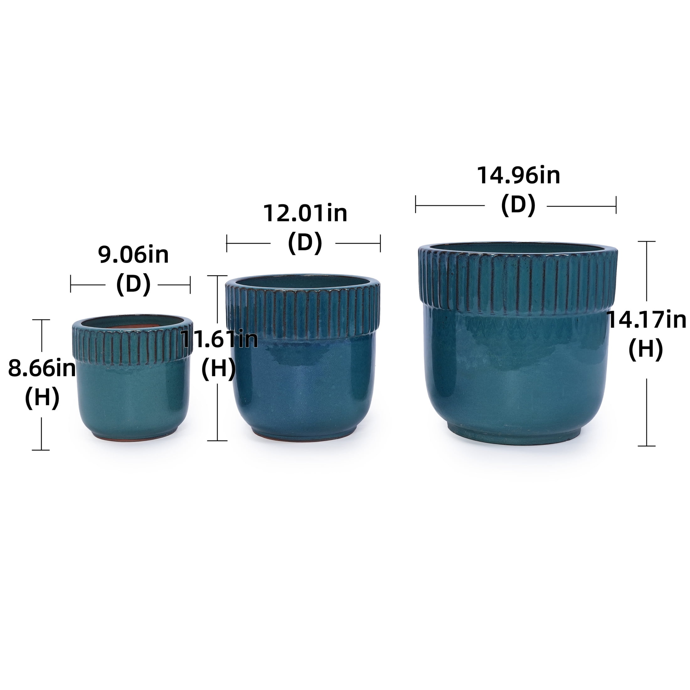 Noble House Kathleen Ceramic Flowerpot Set, Glossy Finish with Drainage for Versatile Planting, Set of 3, Antique Blue