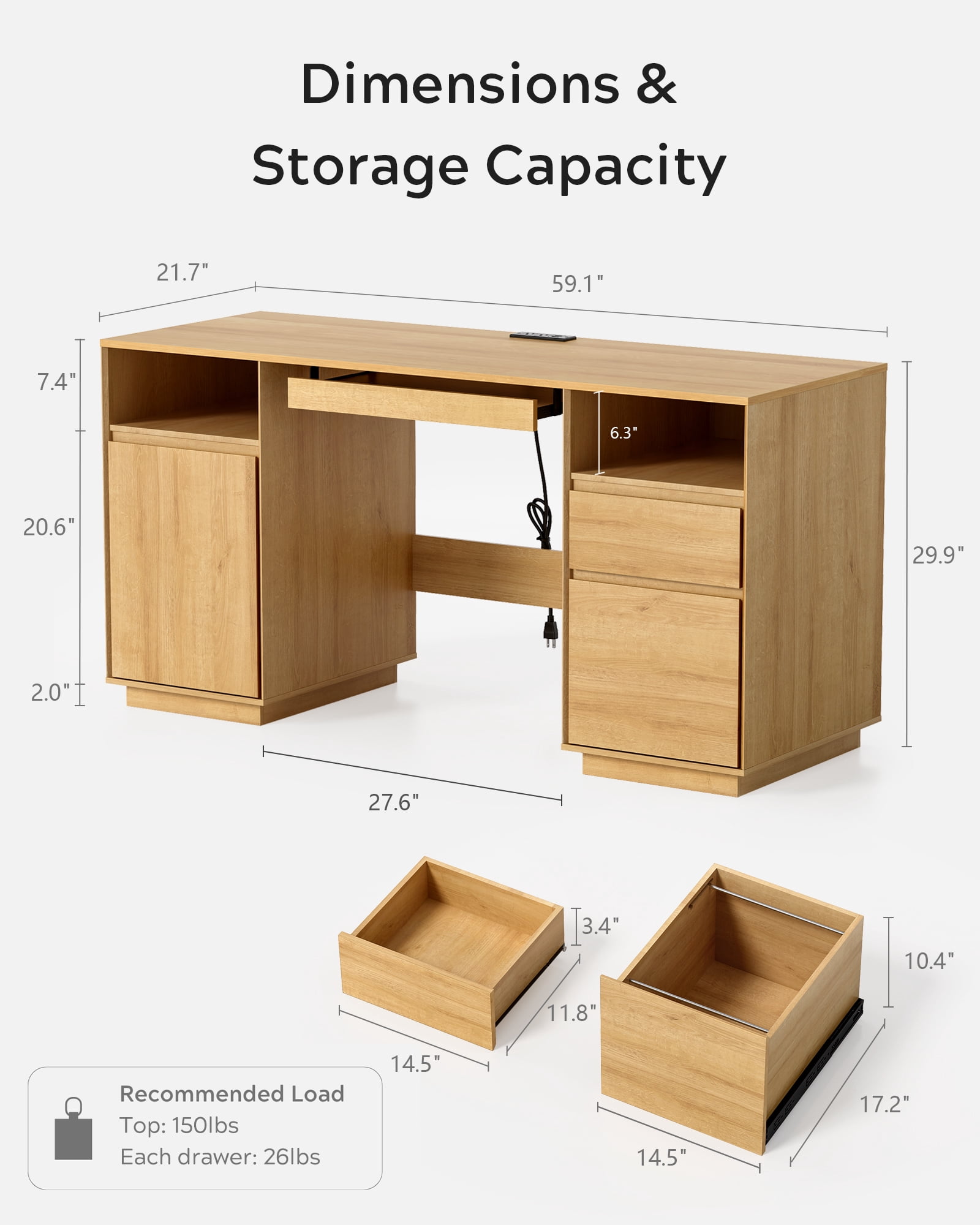 EYYTHUNG 59" Executive Desk, Farmhouse Large Home Office Desk with File Drawer & Outlet & Storage Cabinet, Wood Computer Desks with Keyboard Tray, Natural Oak