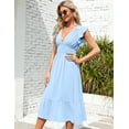 thumbnail image 5 of 2024 Summer Women's V Neck Short Sleeve Dress High Waist A line Dress Flowy Ruffle Shirred Swing Midi Dresses, 5 of 9