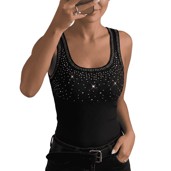 ChicMe Tank Tops For Women Rhinestone Solid Color Sleeveless Ribbed Fitted Camisole Summer Top Going Out Vest Black-S