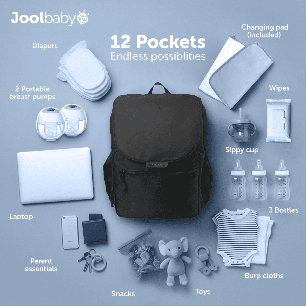 Jool Baby Relay Diaper Backpack With Changing Pad, Insulated Bottle Pockets, Wearable Breast Pump Pockets