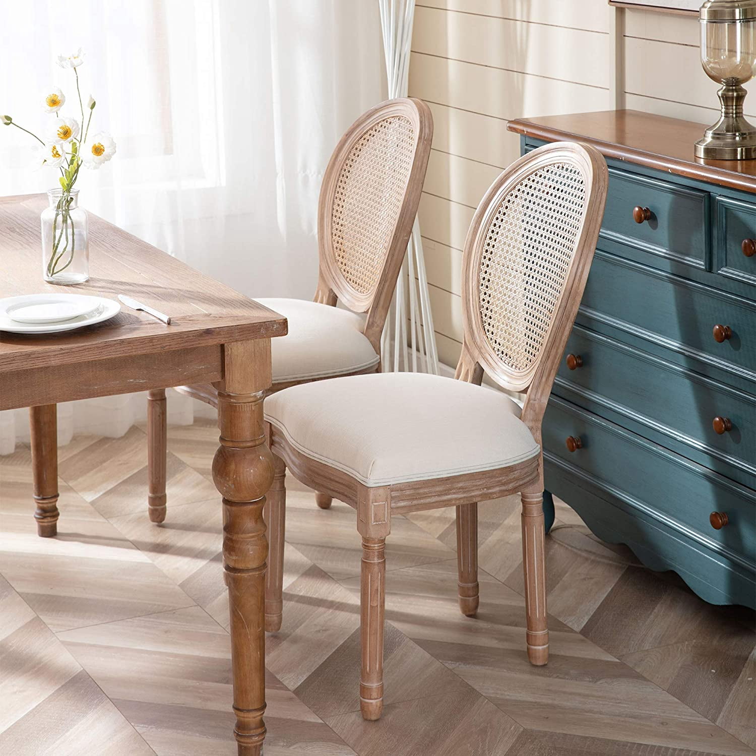 Sumdeal French Dining Chairs Set, Upholstered Vintage Farmhouse Chair,Mid Century Fabric Chair with Solid rubberwood Leg for Dining Room Bedroom Kitchen Restaurant