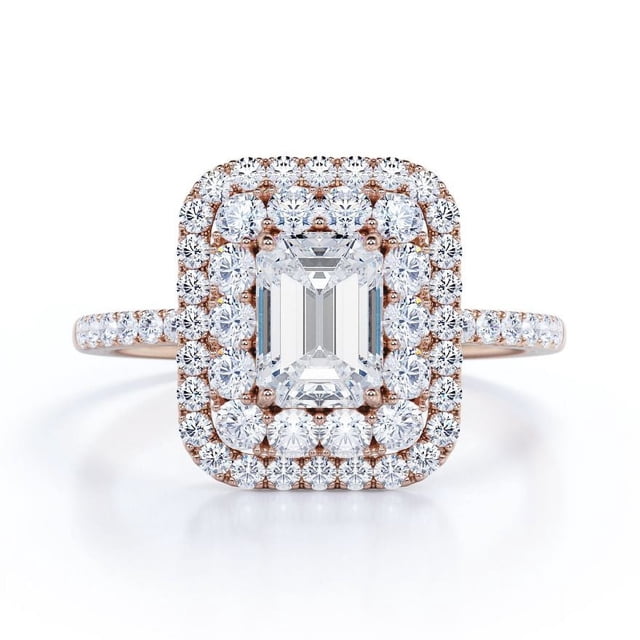 JeenMata Anillo de Compromiso de Moissanita de Corte Esmeralda de 1,5 Quilates - Anillo Nupcial - Anillo de Doble Halo - Anillo de Racimo - Oro Rosa de 18 K sobre Plata
