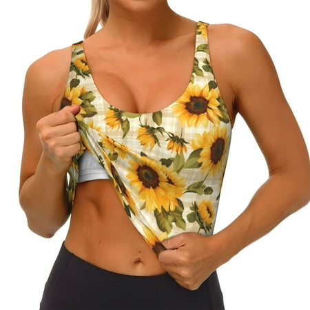 Qokaie Scottish Plaid Sunflower Pattern Womens Scoop Neck Sports Bra Breathable Workout Vest Padded U Back Medium Impact Fitness Gym Yoga Bra Workout Crop Top