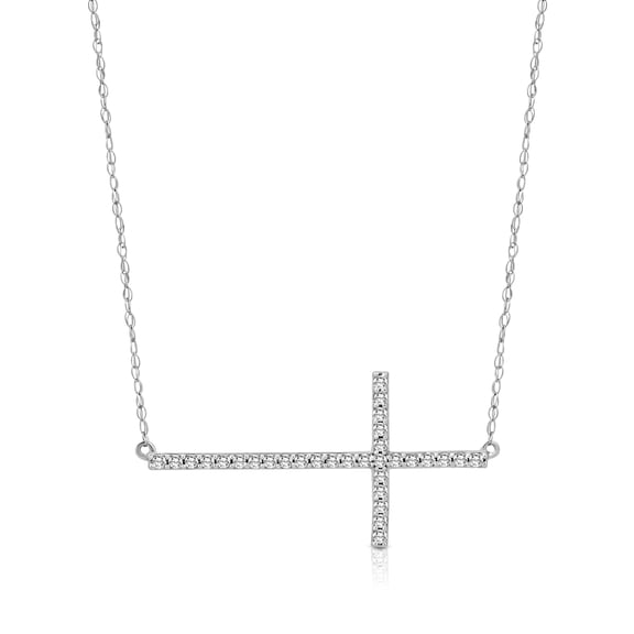 ARAIYA JEWELRY 10K White Gold Diamond Sideways Cross Pendant Necklace for Women (1/4 Cttw, I-J Color, I2-I3 Clarity), 18"