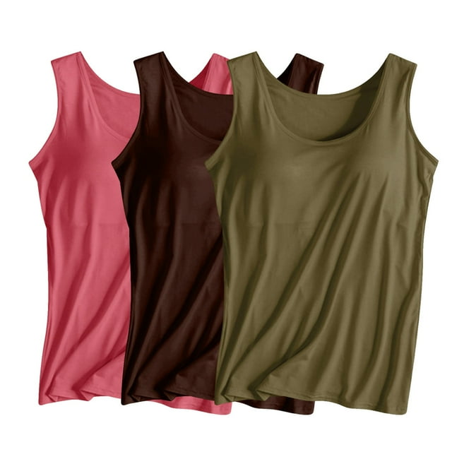 3 Packs Cameland Débardeurs d'Été Ajustés pour Femmes avec Soutien-Gorge Intégré Col Rond Sans Manches