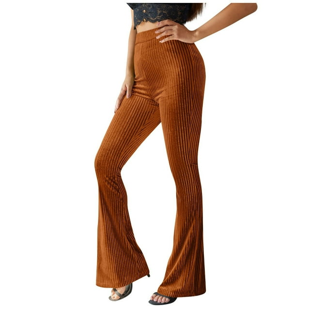 Gibobby Pantalones deportivos calientes para mujer Pantalones largos acampanados acanalados de cintura alta de color sólido informal para mujer Pantalones elásticos(Rojo de la sandía,M)
