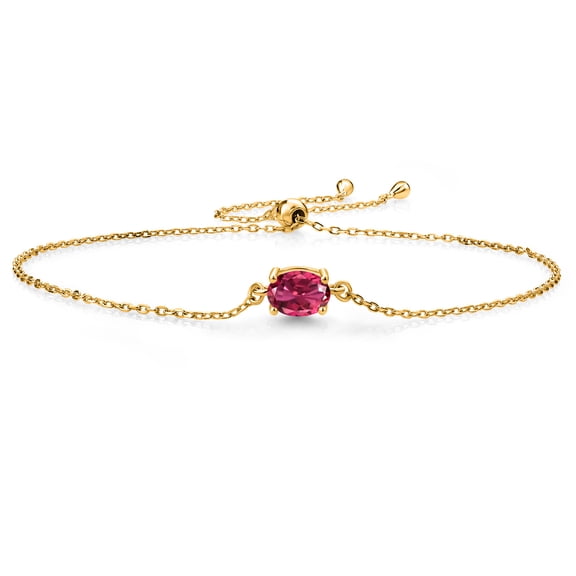 Gem Stone King 18K Yellow Gold Plated Silver Pink Tourmaline Solitaire Bracelet for Women (0.85 Cttw, Oval Cut 7x5mm)
