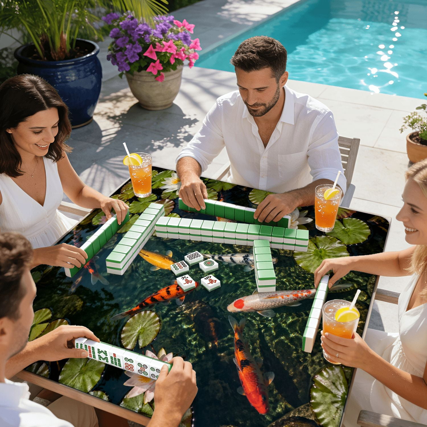 Mahjong Mat 31.5" x 31.5" Colorful Fish Swimming Among Water Lilies Tranquil Pond Non-Slip Noise Reduction American Mahjong Tiles Table Cover for Dominoes Poker Card Board Games Gift