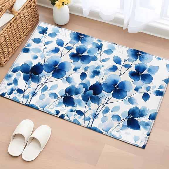 2x3 Ft Entryway Area Rug, Blue Flowers Kitchen Rug Runner Washable Floor Mat, Spring Botanical Blossom Motif Non Slip Indoor Door Mat Throw Carpet for Bathroom Living Room Bedroom