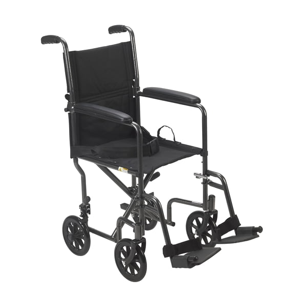 Silla de ruedas de transporte plegable y ligera Drive Medical TR39E-SV con reposapiés abatible, color plateado