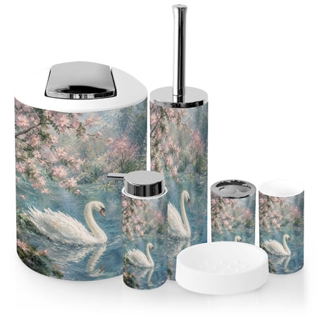 Bathroom Accessory Set 6 Piece with White Swan romantic serene lake pink blossoms Elegant Toothbrush Holder Soap Dispenser Soap Dish Trash Can with Lid Toothbrush Cup Toilet Brush Holde
