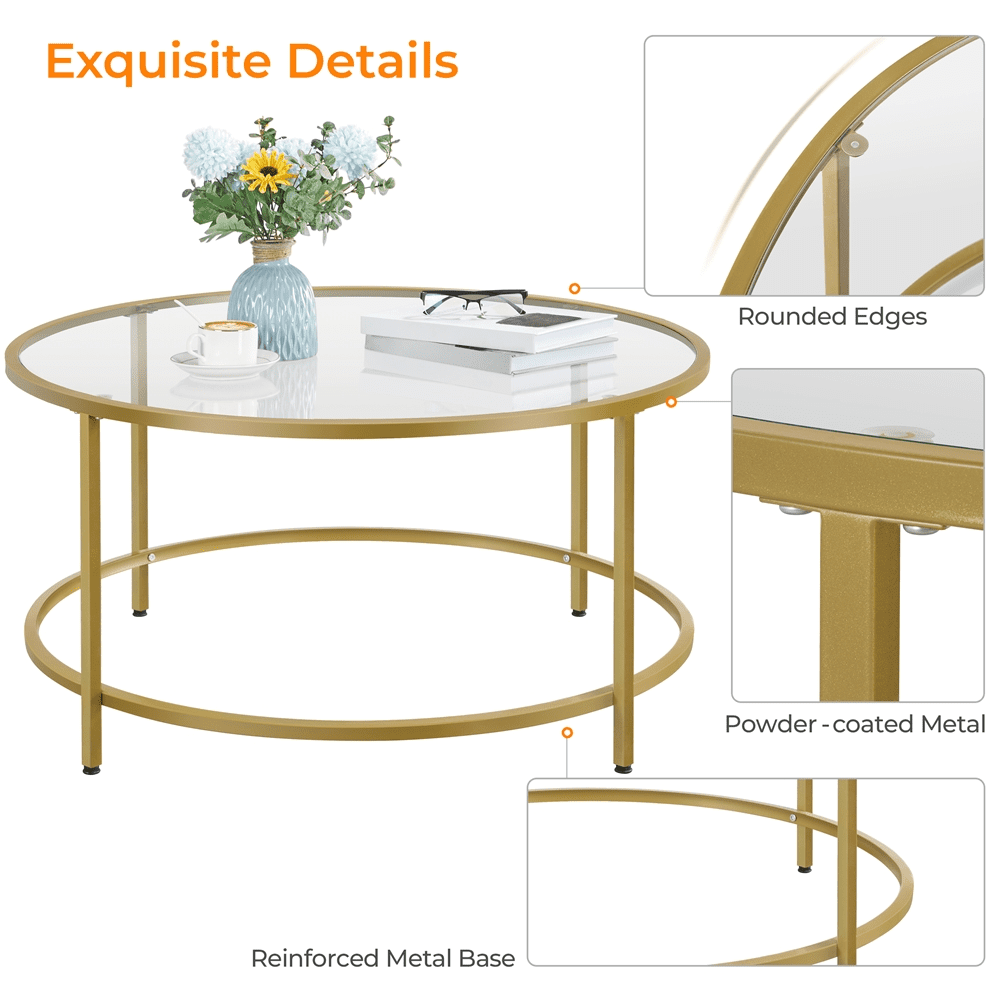 Renwick 3 Piece Modern Glass Top Coffee Table Set with Metal Legs, Antique Gold