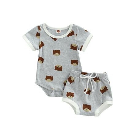 

aturustex Infant Baby Girl Boy Summer Set Bear Pattern Crew Neck Short Sleeve Cotton Romper Tops Elastic Drawstring Shorts 2Pcs Suit