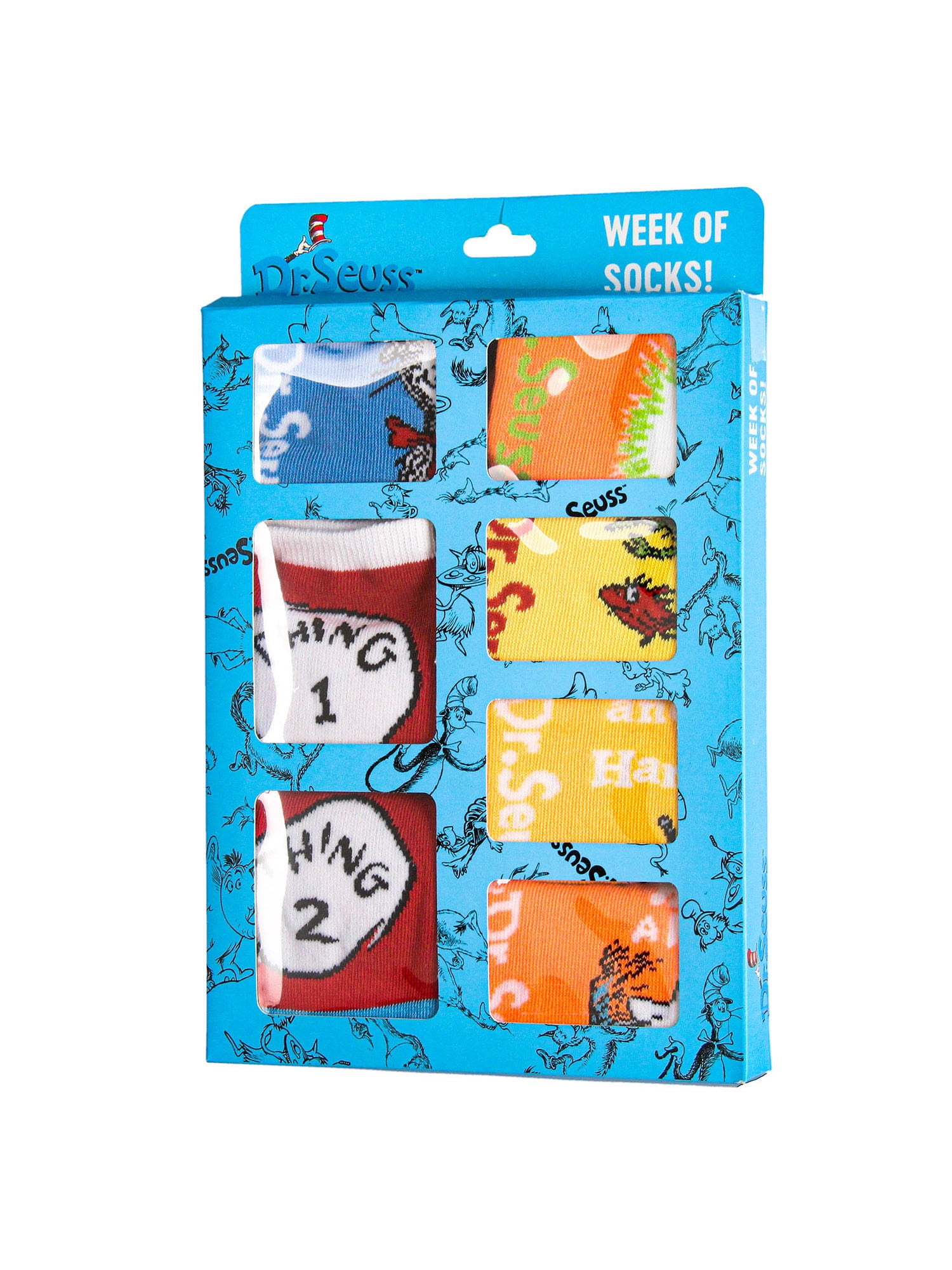 Dr. Seuss Book Titles and Characters Kids Week Of Socks Box Set Crew and Ankle Mix And Match 7 Pairs