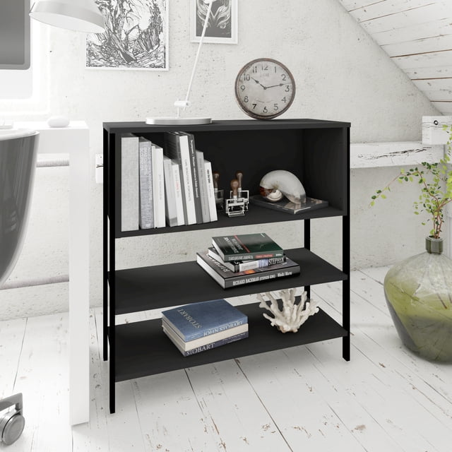 Librero Estante Organizador dos Vistas, Tres Espacios Organizadores, Estructura Metálica, Tablero Laminado Liso Playcon