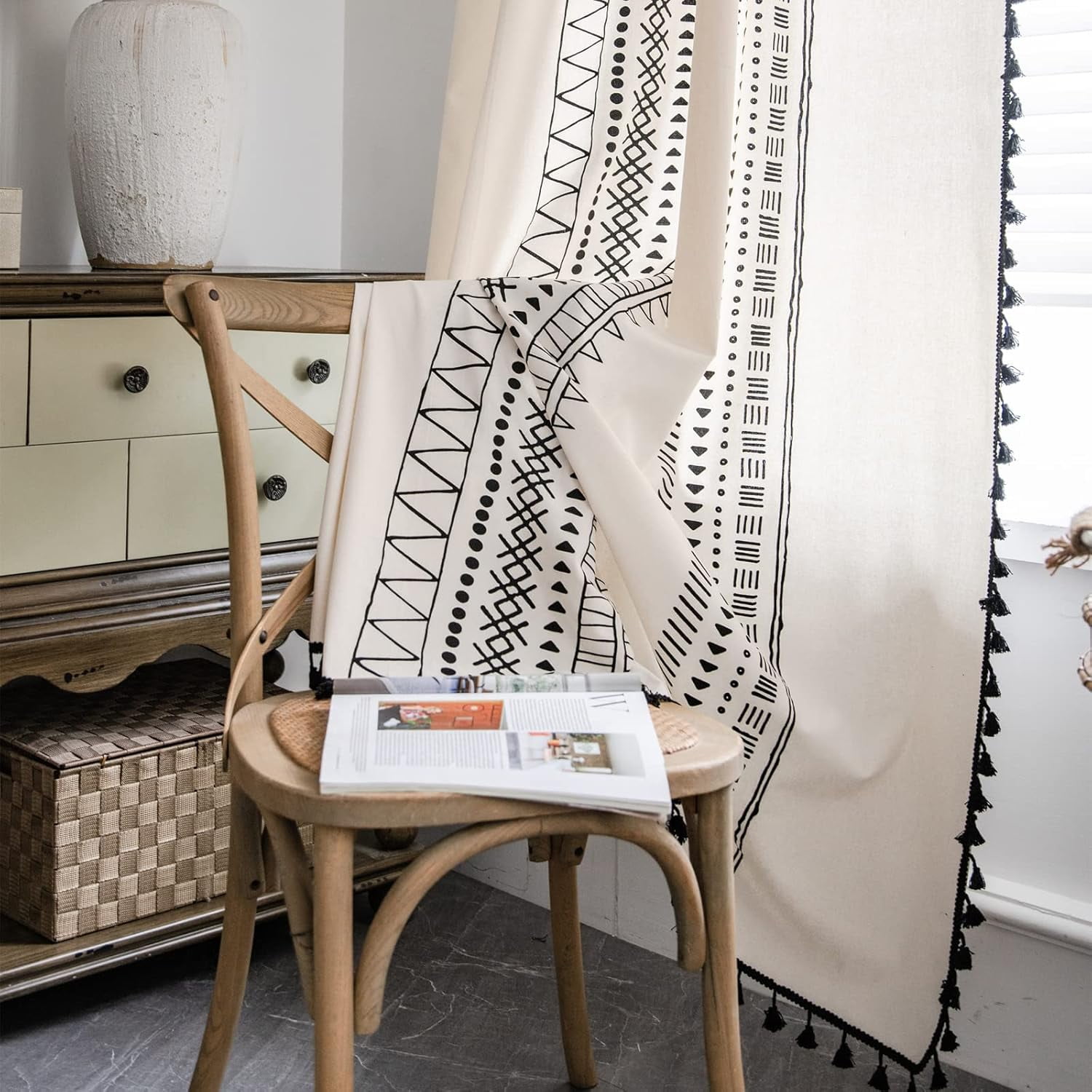 Boho Window Curtain Panel with Tassels Black Striped Geometric Print Country Style Cotton Linen Room Darkening Curtain Panel for Bedroom Living Room Rod Pocket Top