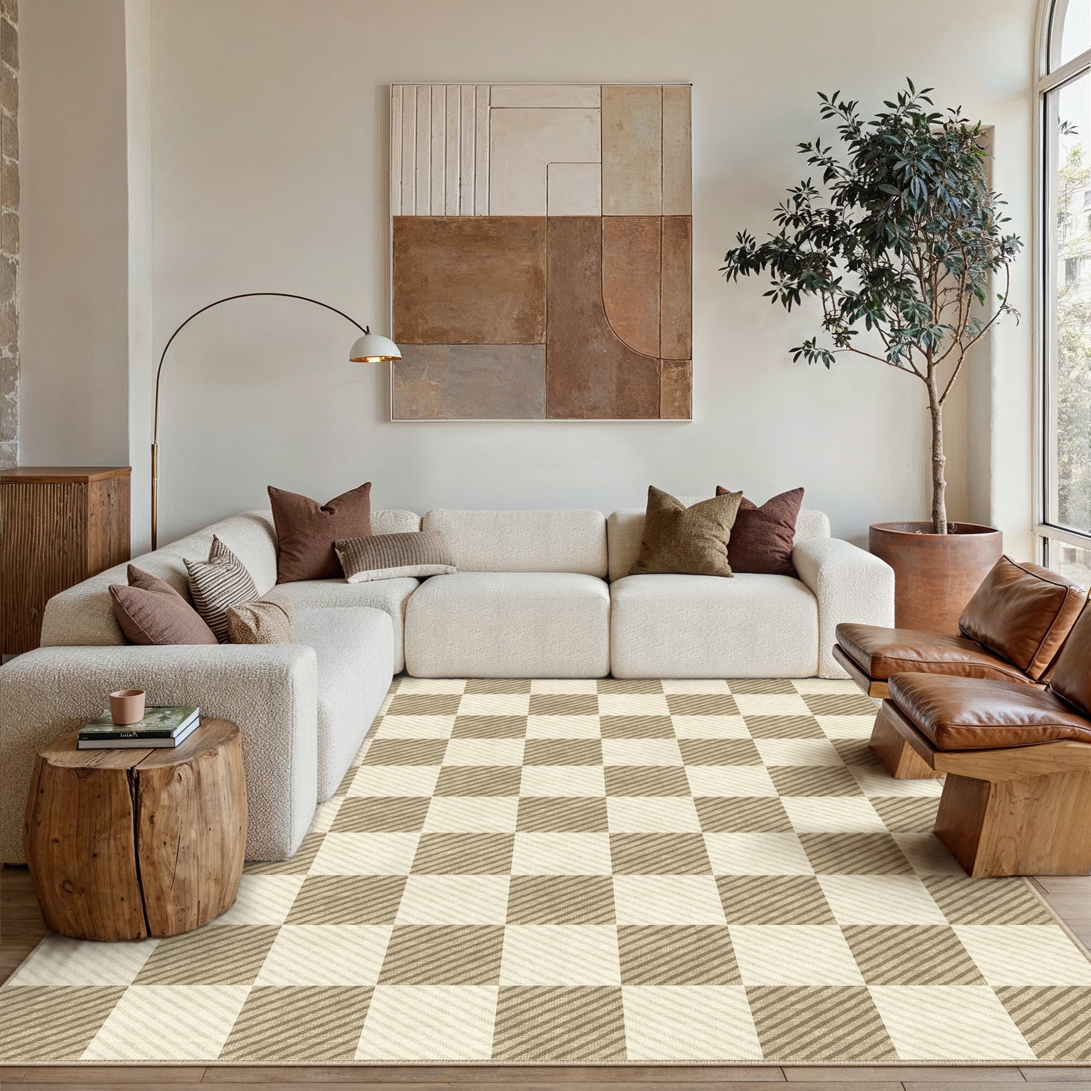WIPONKEN 5'x7' Area Rugs for Living Room Modern Checkered Brown Rugs for Bedroom Kitchen Non Slip Washable Geometric Contemporary Carpets for Home Office Dining Room Throw Rugs
