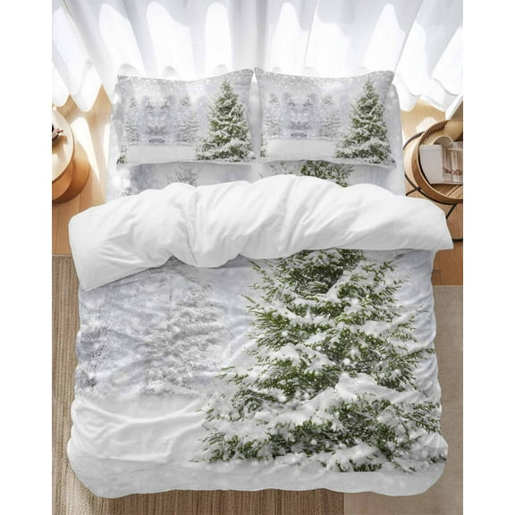 Winter Pine Tree Bedding Duvet Cover Set Twin Size 4 Pieces Snowflakes Christmas Tree Plant Bedding Set with Zipper Closure, 1 Comforter Cover 68x86 Inches 1 Flat Sheet & 2 Pillow Cases