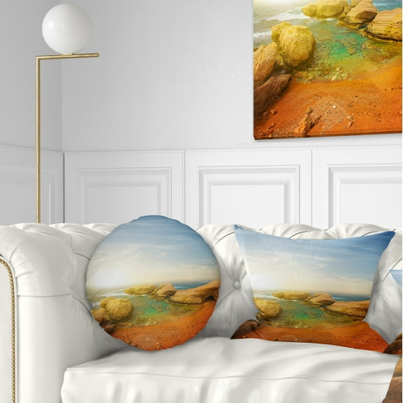 Designart Rocky Red Beach and Blue Sky - Seashore Throw Pillow - 12x20