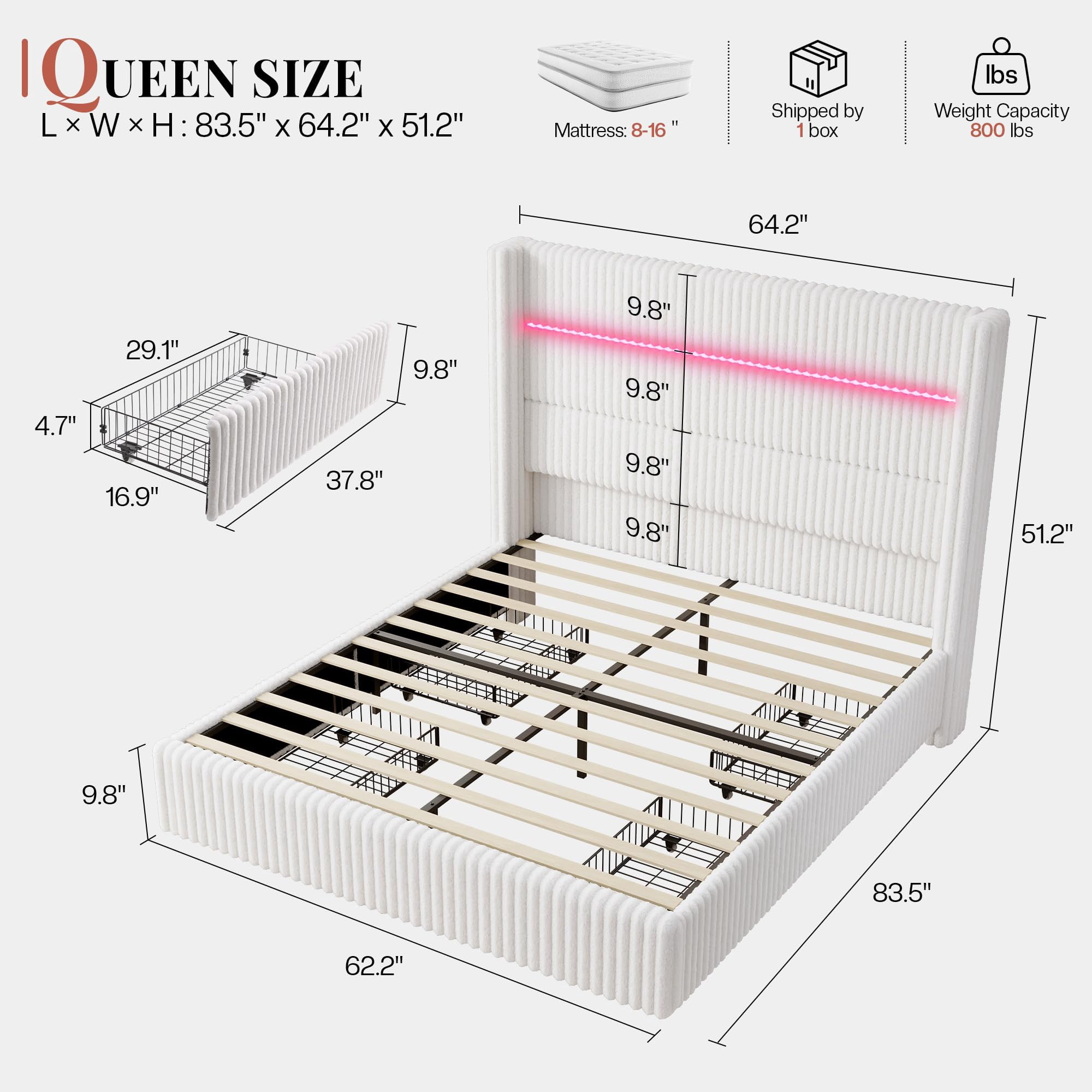 VanAcc 51.2" H Queen Size LED Bed Frame, Corduroy Upholstered Platform Bed with 4 Storage Drawers & Charging Station Wingback Headboard, White