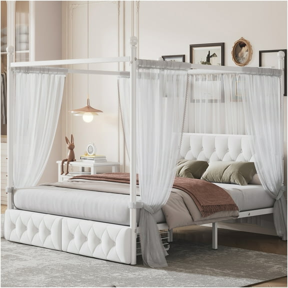 JERFIT Queen Canopy Bed Frame with Storage Drawers, Upholstered Velvet Headboard, No Box Spring Needed Platform Bed in White