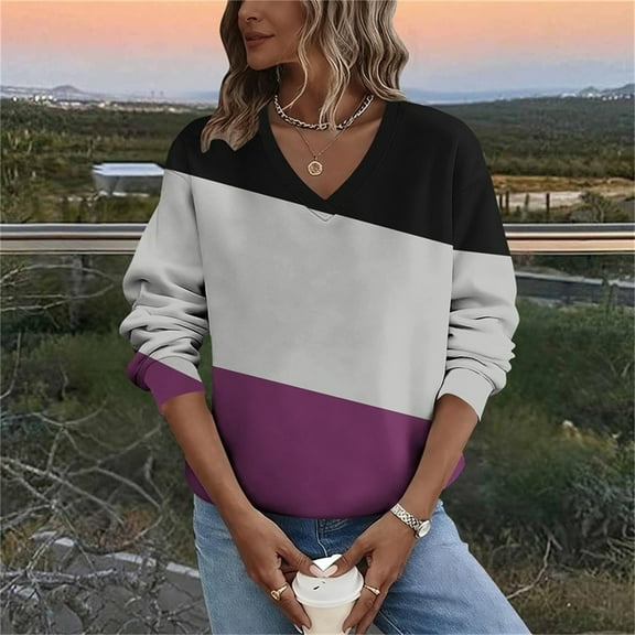Sweatshirts for Women Fleece Print V-Neck Long Sleeve Casual Pullover Regular Sleeve Winter Top Sweatshirt,Womens Tops Plus Size Purple XXXL
