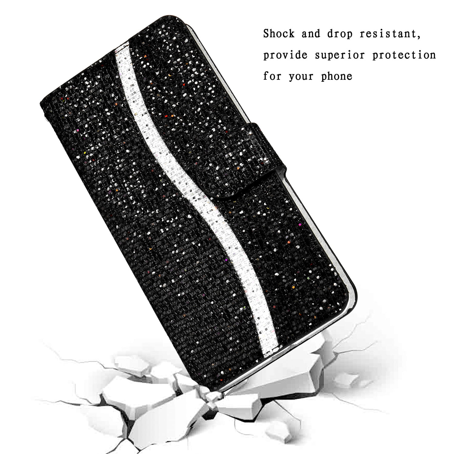 Cards Folding 8/ iPhone Stand for Cover, iPhone Anti-slip Leather Case Black 7, Glitter iPhone Slots Faxu Credit Bling SE Apple Shock-Absorbing Wallet 2020/ Allytech Case