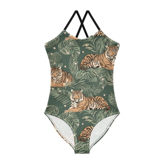 Spaghetti Strap Palm Leaf Tiger One Piece Swimsuit Stretch Beach Sport Bathing Suit Size 3T-10T