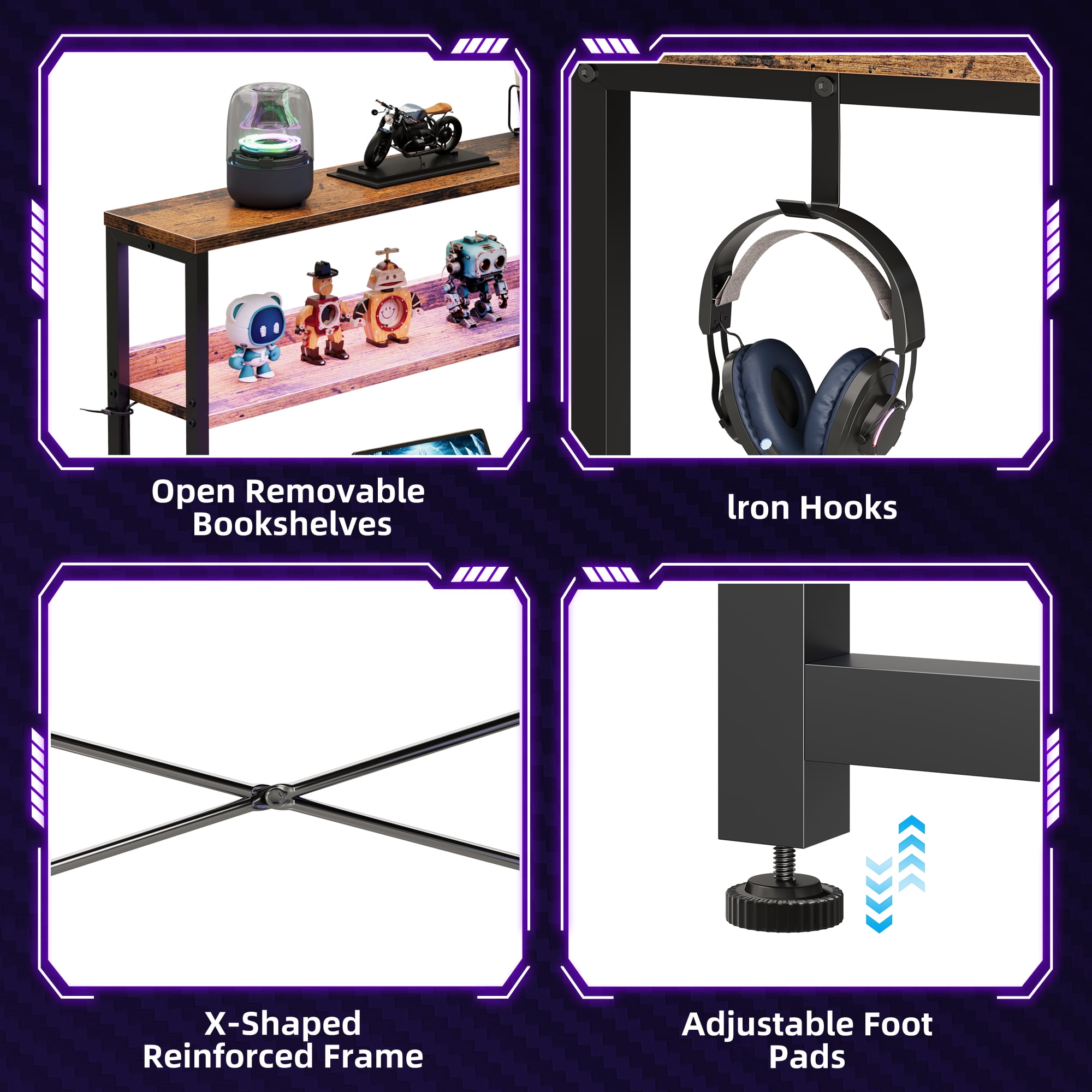 Casacomoda 53 Inch L Shaped Desk with LED Light & Power Outlet, Reversible L Shaped Computer Table with Shelf & Hook for Home Office, Vintage