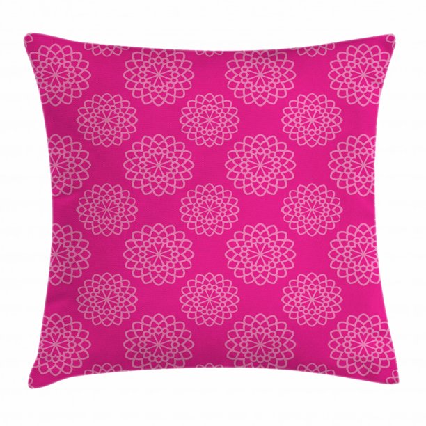 Hot Pink Throw Pillow Cushion Cover, Geometrical Abstract Flower Motifs