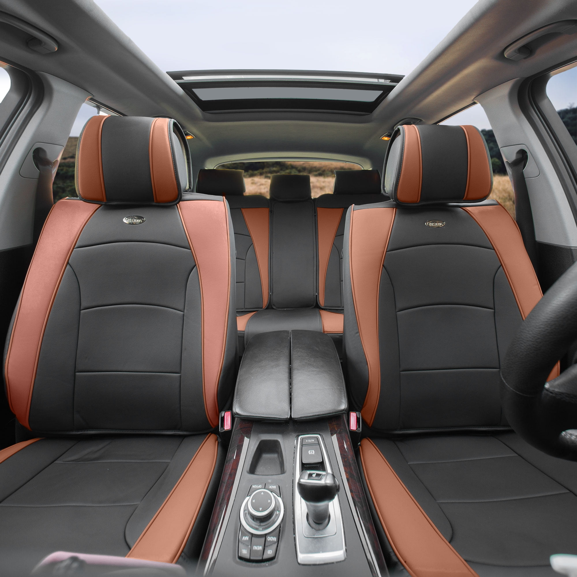 Car Suv Truck Pu Leather Seat Cushion Covers 5 Full Set Seats Black Brown With Beige Dash Mat