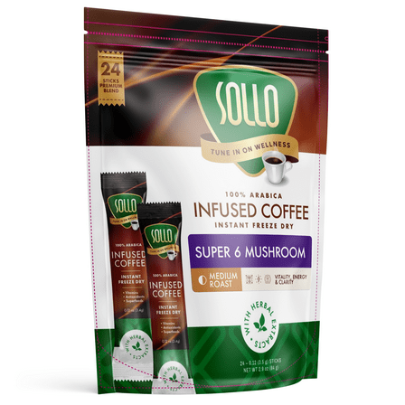 Sollo Magic Mushroom Instant Coffee Sticks – 24 Servings | 6 Functional Mushrooms + Vitamins | Medium-Dark Roast 100% Arabica | Freeze-Dried  | Single-Serve Sticks