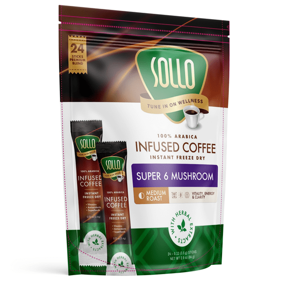 Sollo Magic Mushroom Instant Coffee Sticks – 24 Servings | 6 Functional Mushrooms + Vitamins | Medium-Dark Roast 100% Arabica | Freeze-Dried  | Single-Serve Sticks