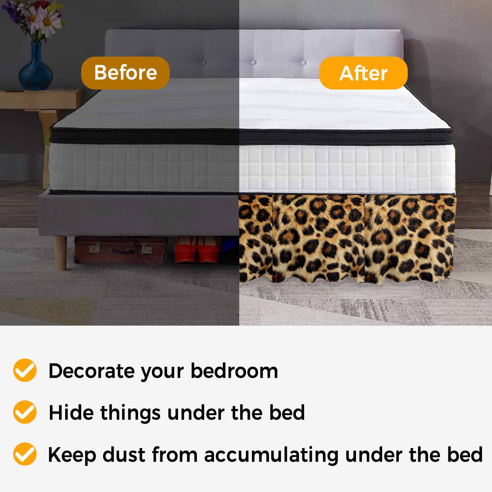 Bed Skirt Fashion Wild Style Adjustable Elastic Wrap-Around Dust Ruffle with Vintage Brown Leopard Print 16 Inch Drop, Bed Frame Cover for King Size Bed