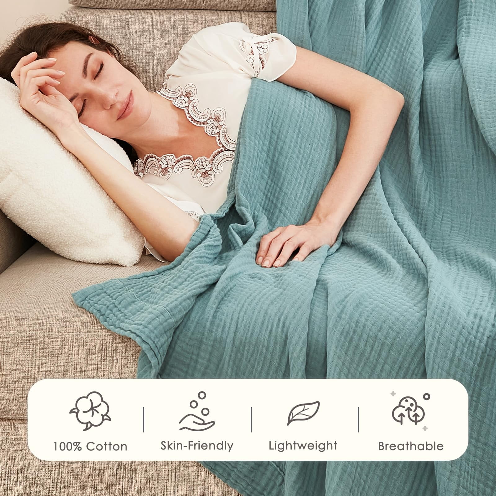 Cotton Blanket Xl For Bed Soft Muslin Blankets 66"x90" Lightweight Breathable Layering Bedspread Coverlet All Season Gauze  Teal