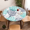 thumbnail image 5 of Teal Grey Coral Elastic Fitted Round Table Cover Ocean Marine Life Waterproof Outdoor Tablecloth for Holiday Party, Picnic, Patio & Dining Fits Tables Up to 55"-60", 5 of 8