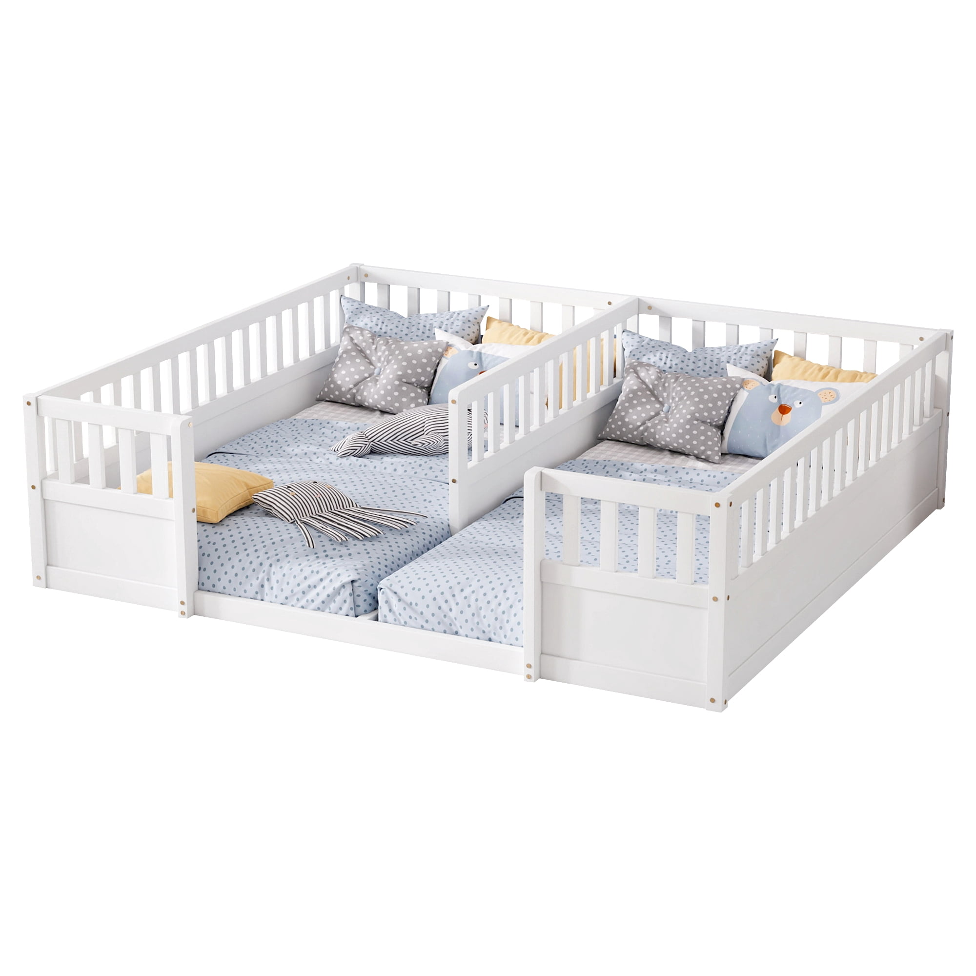 Double Twin Floor Bed 81.2 Inch, Pine Wood Bed Frame with Semi Enclosed Guardrails for Two Kids, White