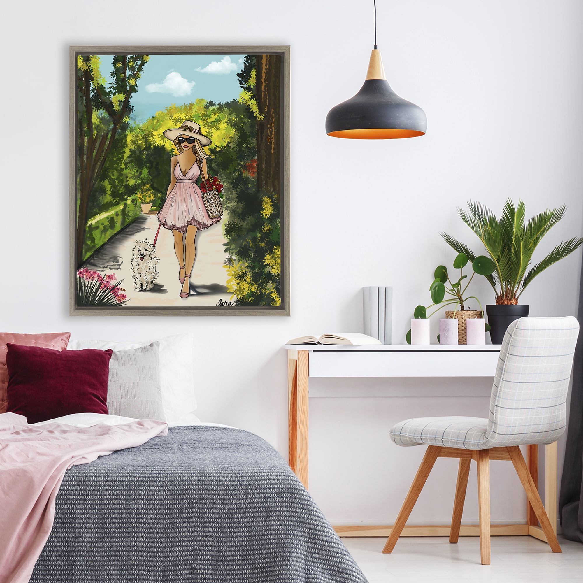 Stupell Industries Garden Girl Strolling with Pup Brown Framed Floater Canvas Wall Art, design by Tara Boone