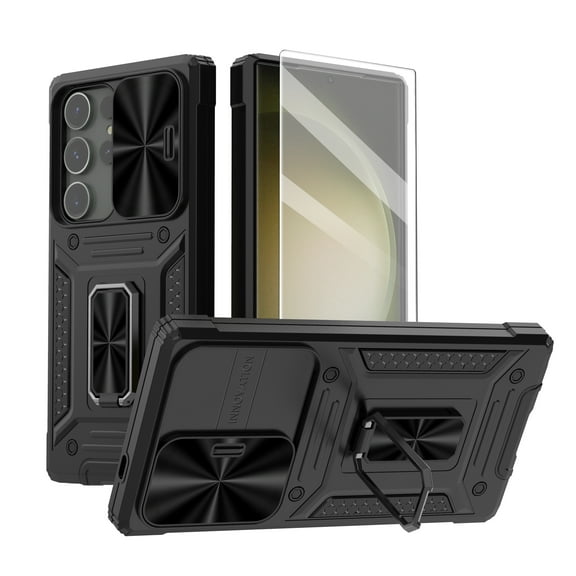 Dteck for Samsung Galaxy S24 Ultra Case with Slide Camera Cover Screen Protector (1 Pack), Rotated Ring Kickstand Military Grade Shockproof Protective Cover,Black