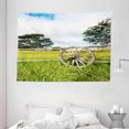 thumbnail image 1 of Barn Wood Wagon Wheel Tapestry, Fresh Green Meadow Ranching Fences Lush Growth Rural Landscape Trees, Wall Hanging for Bedroom Living Room Dorm Decor, 80W X 60L Inches, Multicolor, by Ambesonne, 1 of 2