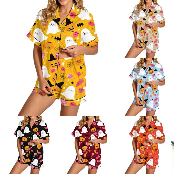 jiaxiM Womens Pajama Set, Halloween Pjs, Womens Halloween Pajama Sets, Pumpkin Print 2 Piece Outfit, Short Sleeve Top And Shorts, Lightweight Summer Loungewear Sleepwear