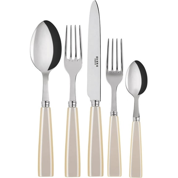 SABRE PARIS - 5-Piece Flatware Set - Icne Collection - Knives, Forks, Soup Spoons, Teaspoons & Dessert Forks - Stainless Steel & Acrylic - Dishwasher Safe - Ivory