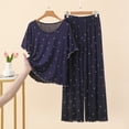 thumbnail image 4 of QIbmong Cotton Pajamas for Women Set Tie-Dye Ruffle Pajama Sets Short Sleeve Crew Neck Tops Wide Leg Pants Summer Comfy Pjs Outfits(Navy,XXL), 4 of 6