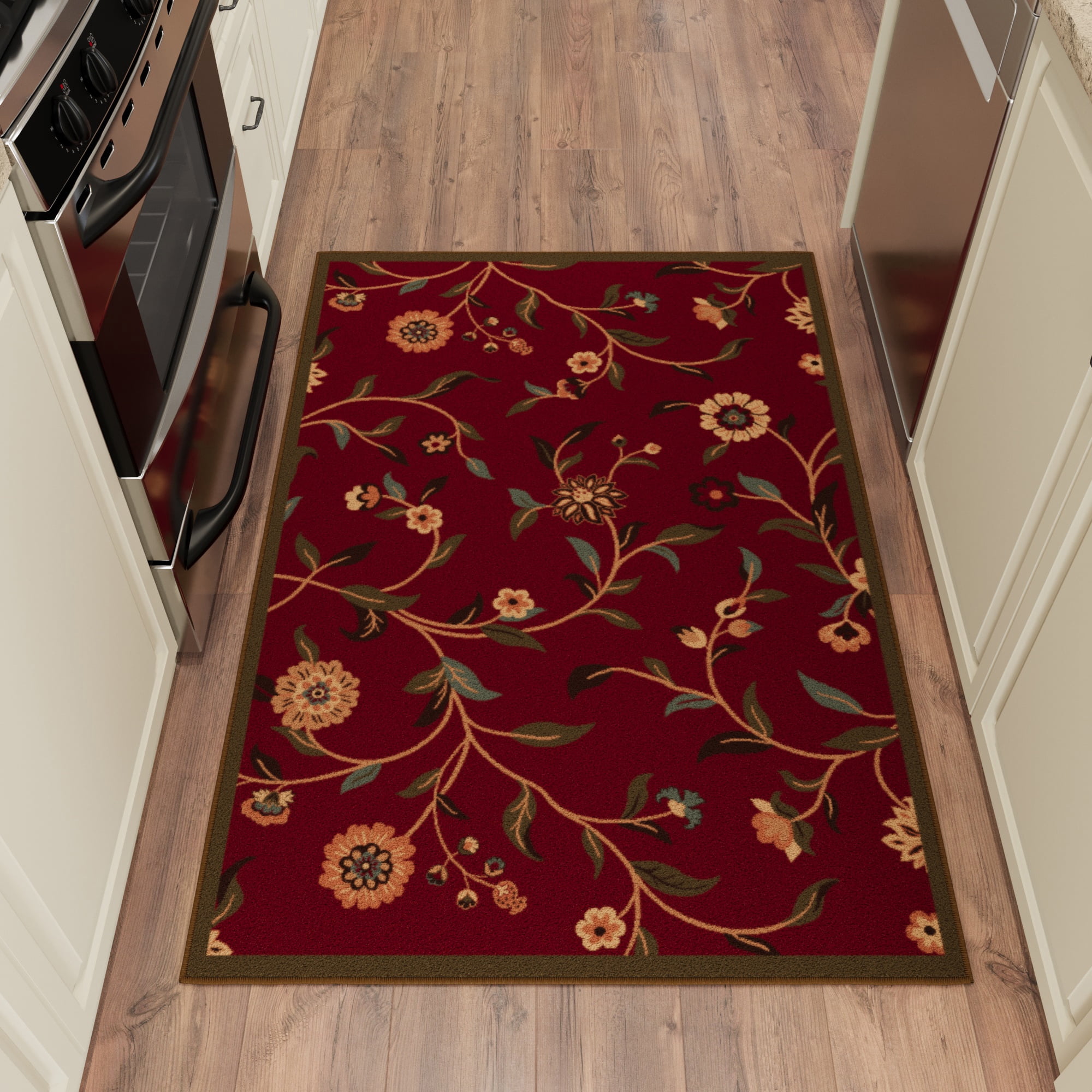 Ottomanson Non-Slip Accent Rug 2'7" x 3' – Low Pile Entryway Bedroom Small Rug, Floral Red