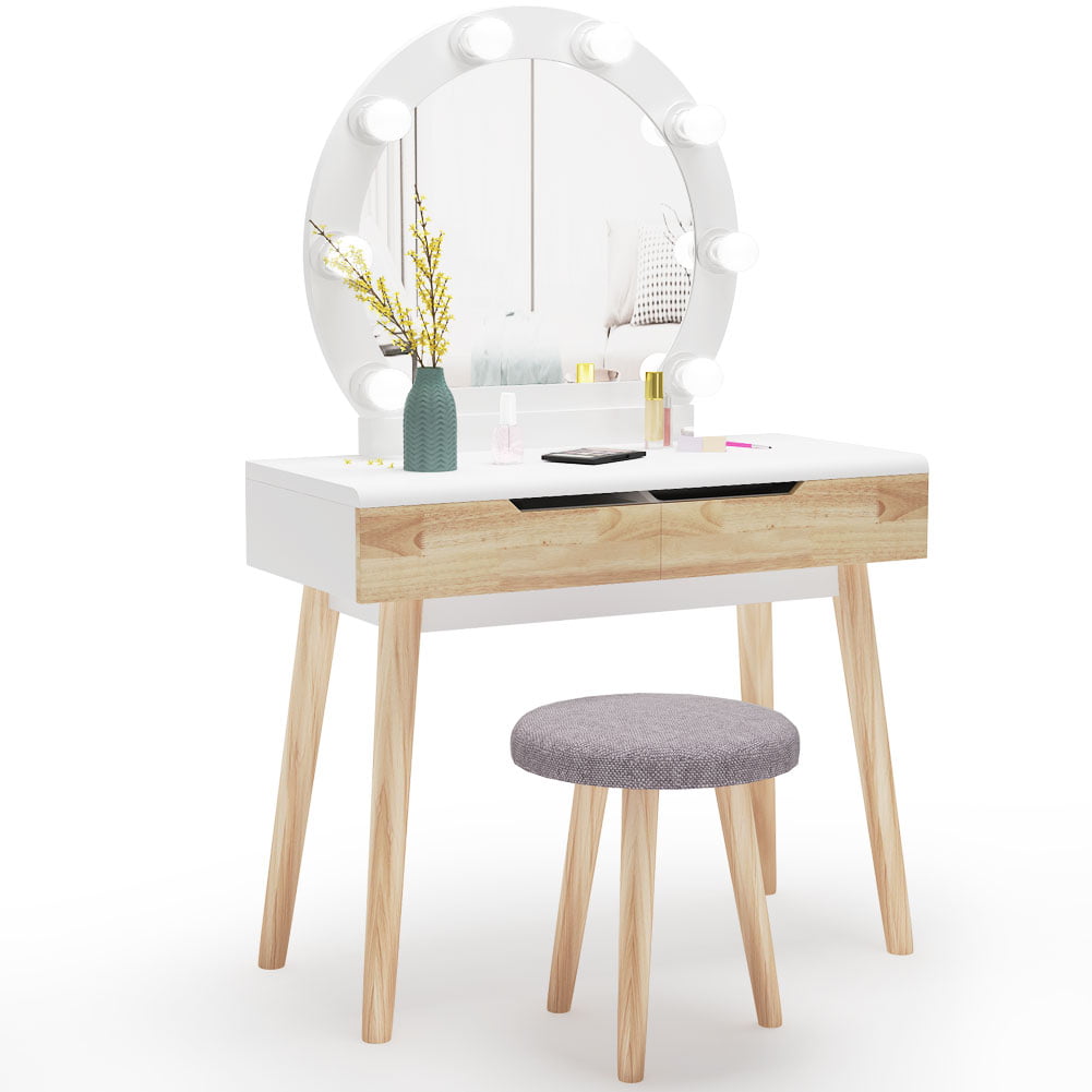 Tribesigns Vanity Set With Round, White Wooden Dressing Table Mirror With Lights
