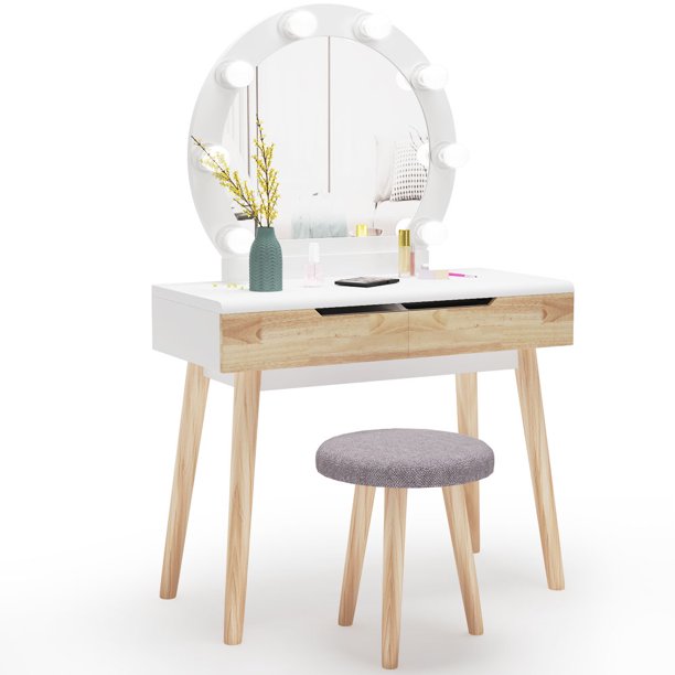 Tribesigns Vanity Set With Round Lighted Mirror Wood Makeup Vanity Dressing Table Dresser Desk With 2 Drawers And Cushioned Stool For Bedroom White Walmart Com Walmart Com