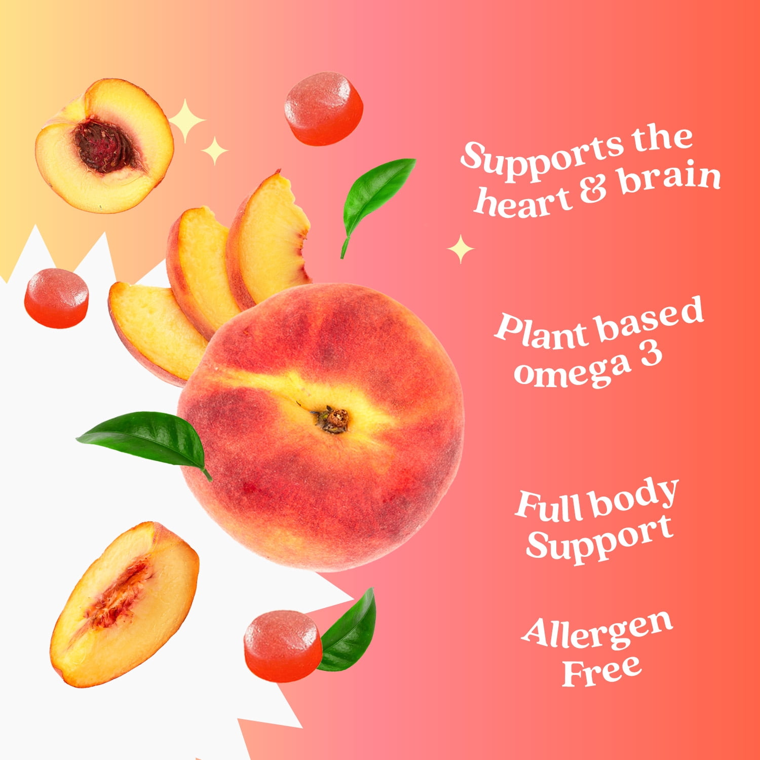 BeLive Omega 3 Gummies with Omegas 6, 7, & 9. Sugar-Free, Supports Brain, Heart, Eye & Immune System, For Adults & Kids, Peach Flavored